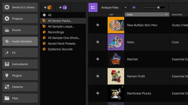 Serato Studio GUI, showing the Library view navigated using Serato SLAB, a Studio-native MIDI pad controller.