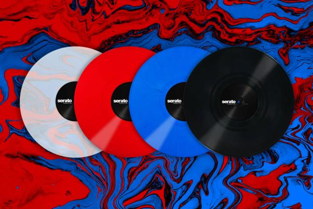 Serato Performance Series Control Vinyl 12" pair in clear, red, blue, and black