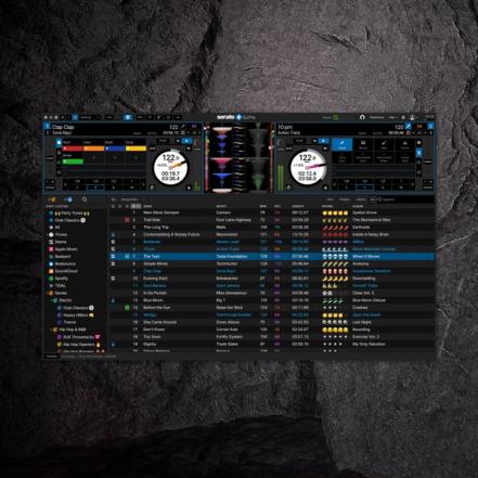 Serato DJ Pro GUI, with SLAB rock treatment background.