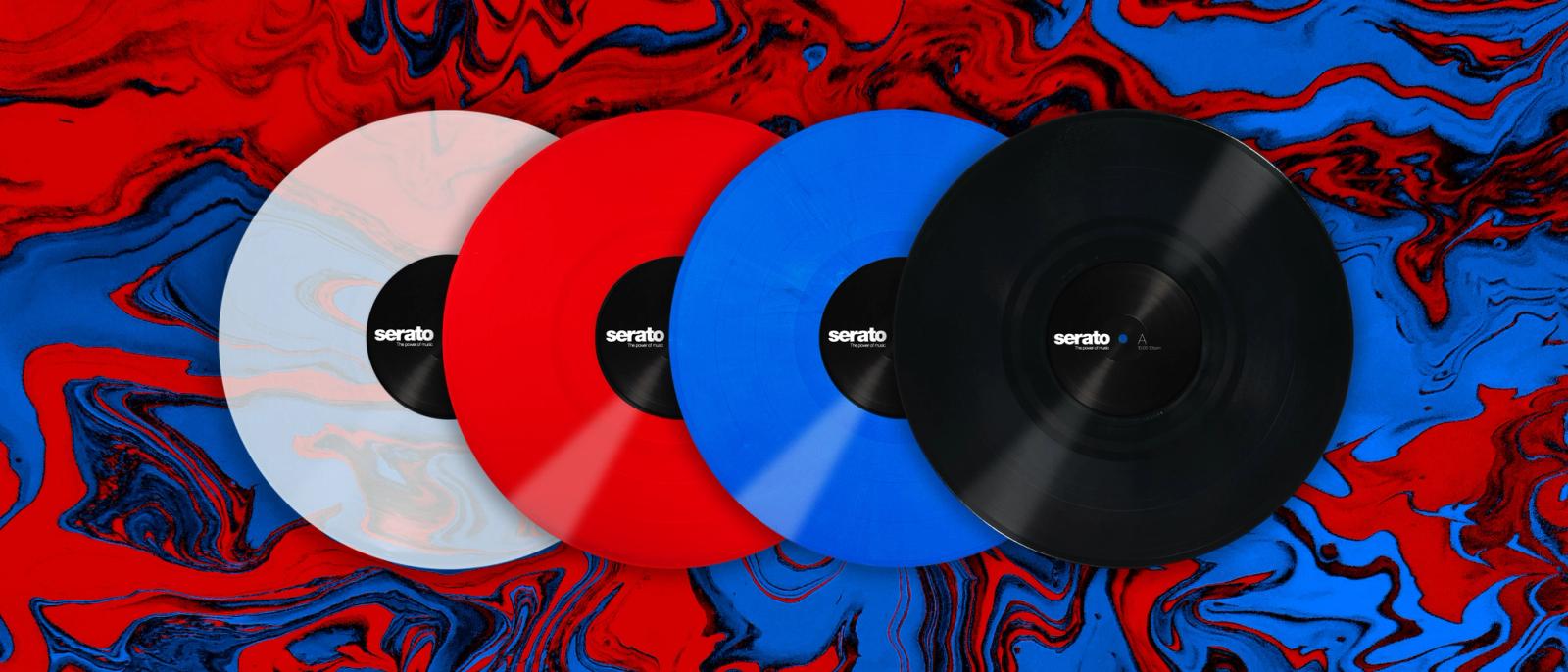 Serato Performance Series Control Vinyl 12" pair in clear, red, blue, and black