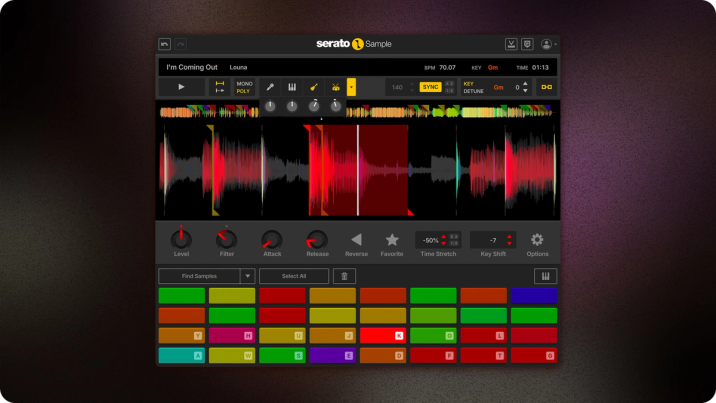 Serato Studio GUI showcasing the ultimate DAW for beat making and music production, purpose-built to work seamlessly with Serato SLAB, the first Studio-native MIDI pad controller.