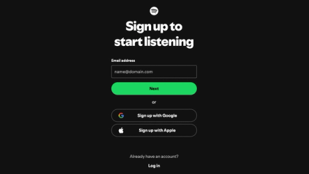 Screenshot of the Spotify sign-up and login screen—connecting streaming to Serato DJ Pro, professional DJ software.