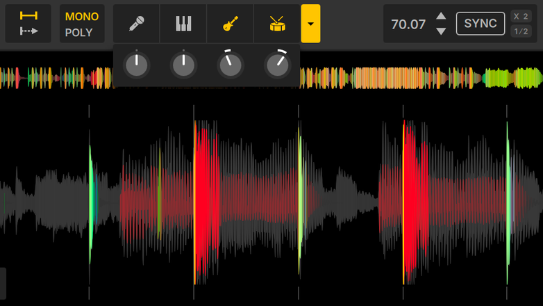Serato Sample GUI showing the waveform with real-time Stem Separation controls for isolating vocals, melody, bass, and drums within the sampling plugin.