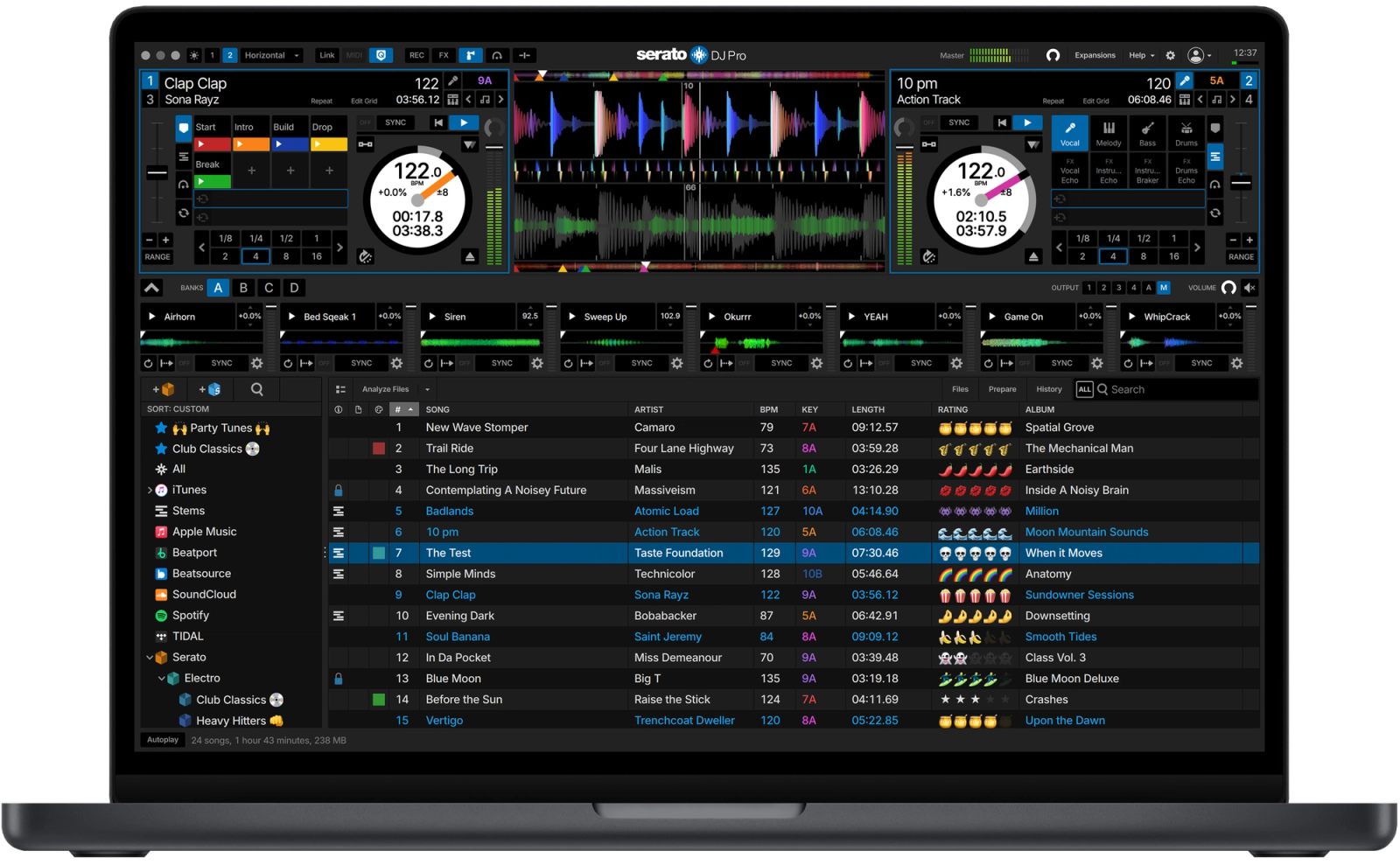 Serato DJ Pro interface showing Sampler tools in professional DJ software.